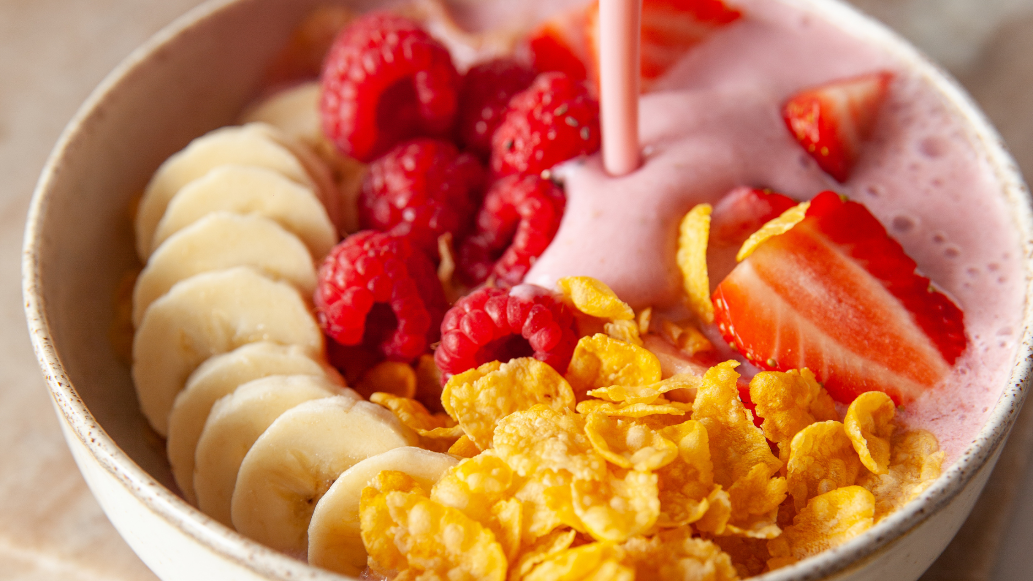 Strawberry Dream Bowl: Corn Flakes No Added Sugar with Pink Milk &ndash; Turtle - Better Breakfast!