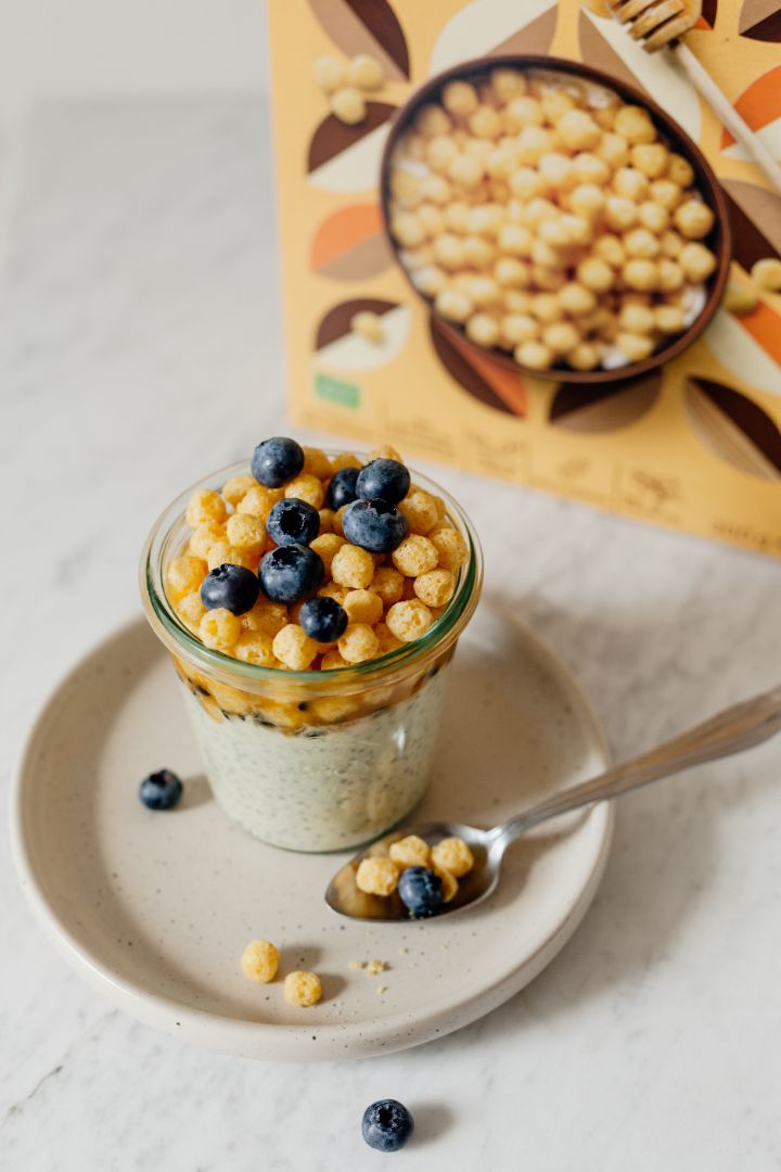 Mango and Passion Fruit Chia Pudding topped with Turtle Honey Balls and Blueberries