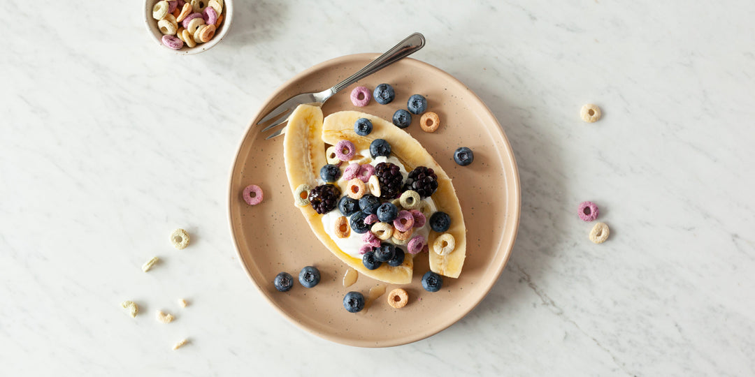 Healthy Banana Split Breakfast with Color Loops & Blueberries