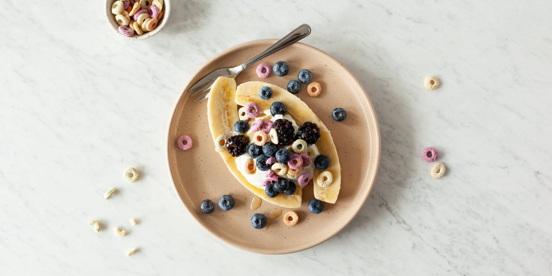 Healthy Banana Split Breakfast with Color Loops & Blueberries - Turtle - Better Breakfast!