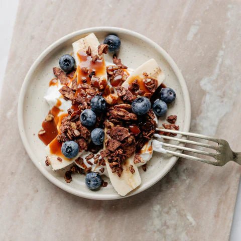 Healthy Breakfast Banana Split with Crunchy Granola & Blueberries - Turtle - Better Breakfast!