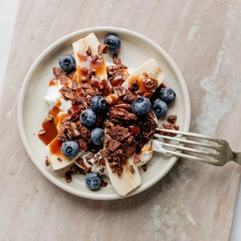 Healthy Breakfast Banana Split with Crunchy Granola & Blueberries - Turtle - Better Breakfast!