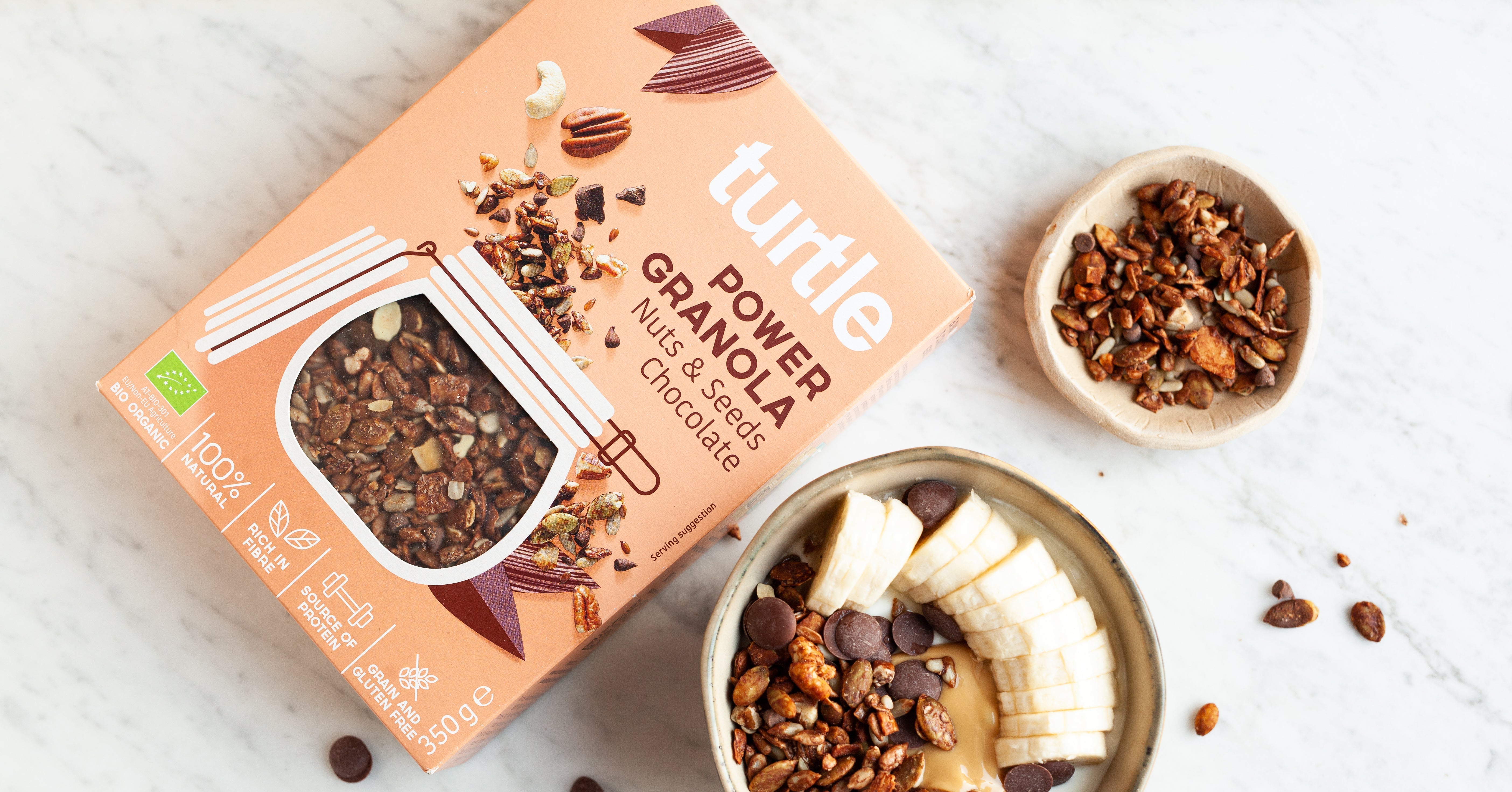 Turtle Power Granola nuts and seeds chocolate packaging with breakfast ingredients